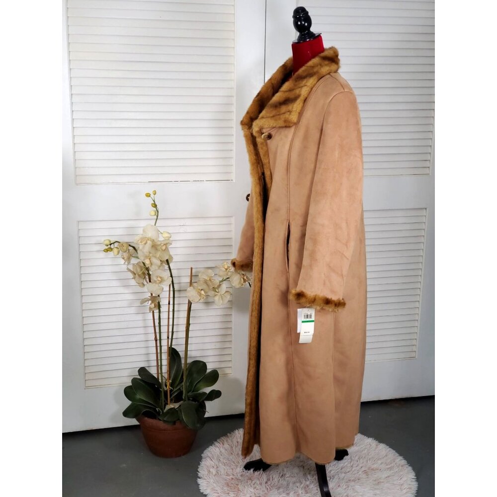 NWT Jones New York Women's Tan Suede Faux Fur Lined Long Jacket Sz L 1111 - Picture 6 of 16